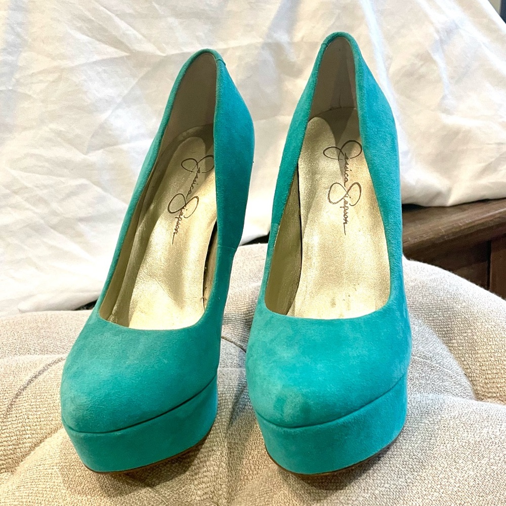 Jessica Simpson Aqua suede high heels.